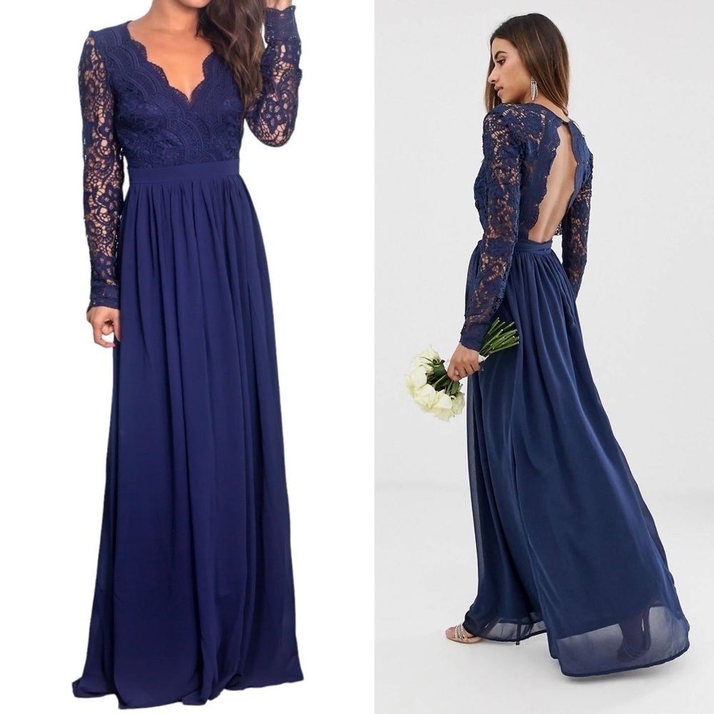 Club L London Beach Indigo Gown Sz 6 Lace Torso Long Sleeve